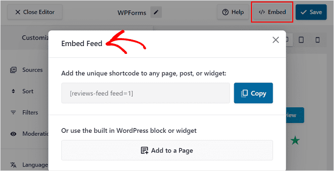 Clicking the Embed button on Reviews Feed Pro plugin